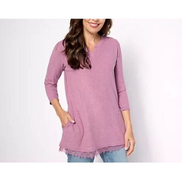 LOGO Lounge by Lori Goldstein Womens Large Mauve Orchid Rib Knit Lace Hem Boho - Picture 1 of 10